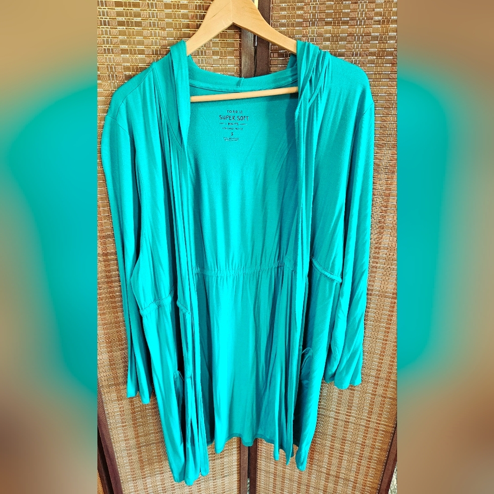 Torrid Super Soft Knit Teal Hooded Cardigan with Tie Waist Size 3 - Picture 2 of 3